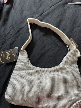 Silver Mesh Shoulder Bag with Cream Strap -